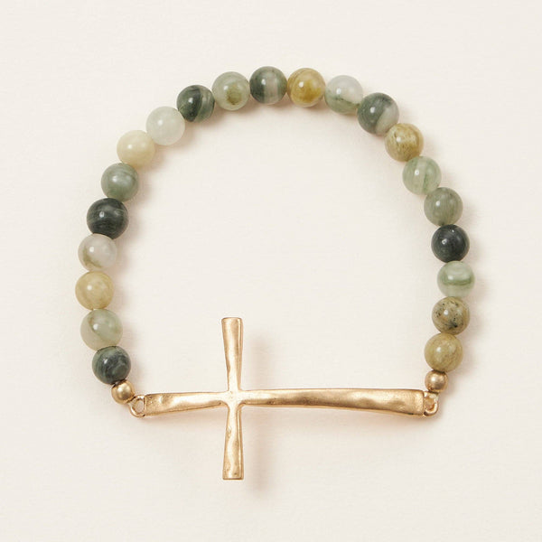 Cross charm Stone beaded stretch bracelet