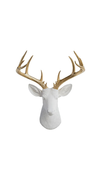 Faux Deer Head Sculpture Wall Mount: White And Gold