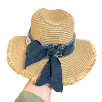Adjustable Straw Hat with Denim Hat Band