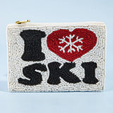 I Love Ski Beaded Coin Purse: WHITE
