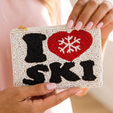 I Love Ski Beaded Coin Purse: WHITE