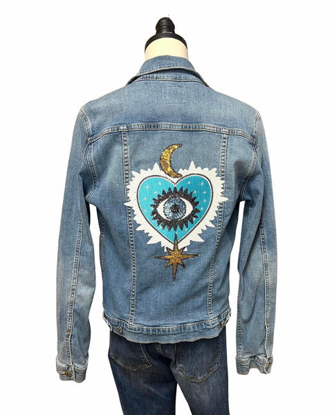 Celestial Sacred Heart Denim Jacket Small