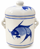 Vintage Chinese blue and white fish porcelain canister