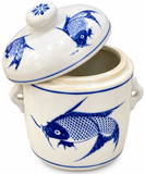 Vintage Chinese blue and white fish porcelain canister